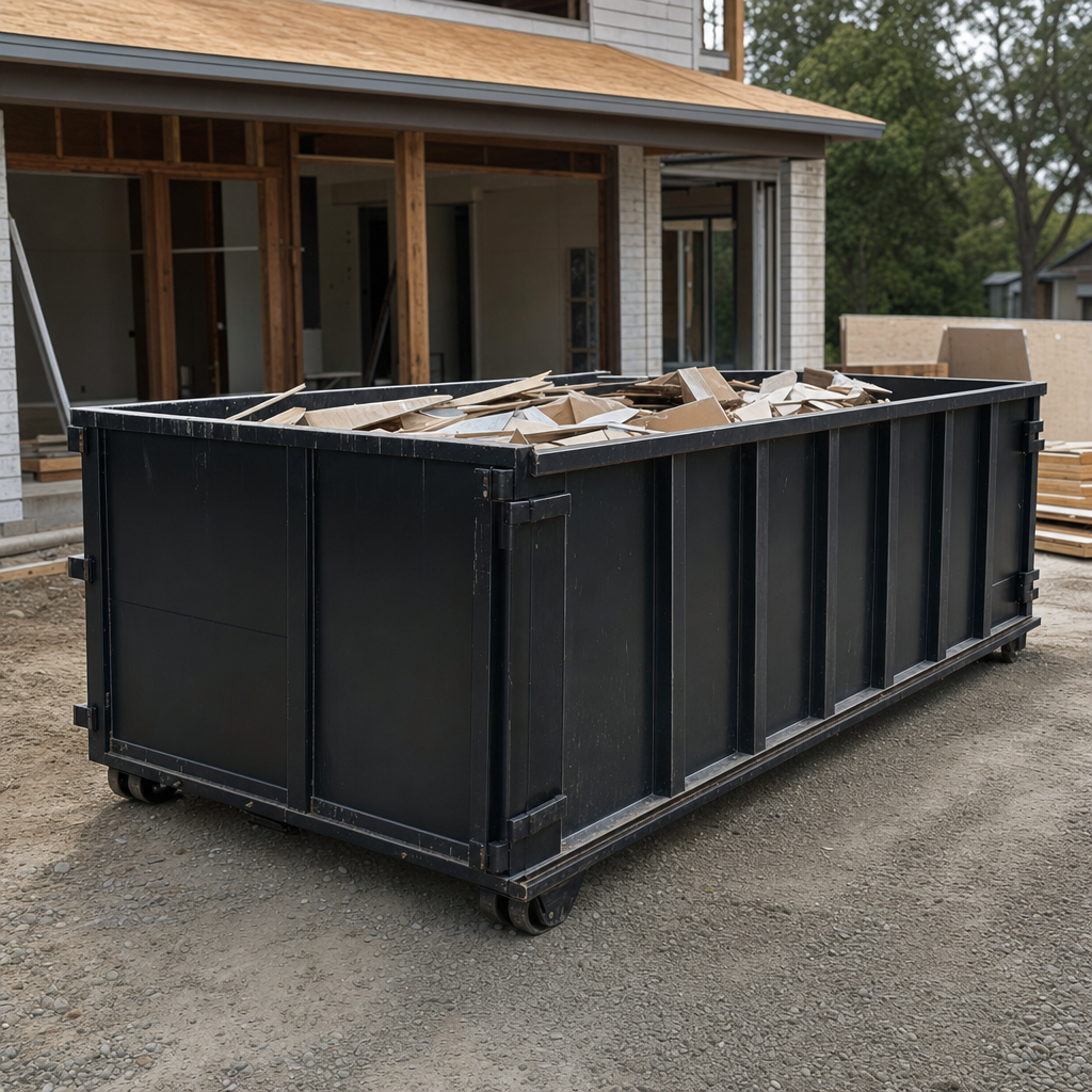 Large matte-black 30-yard construction roll-off dumpster at an active Bolingbrook jobsite, steel-gray top rails and bottom rollers visible, loaded with construction debris.