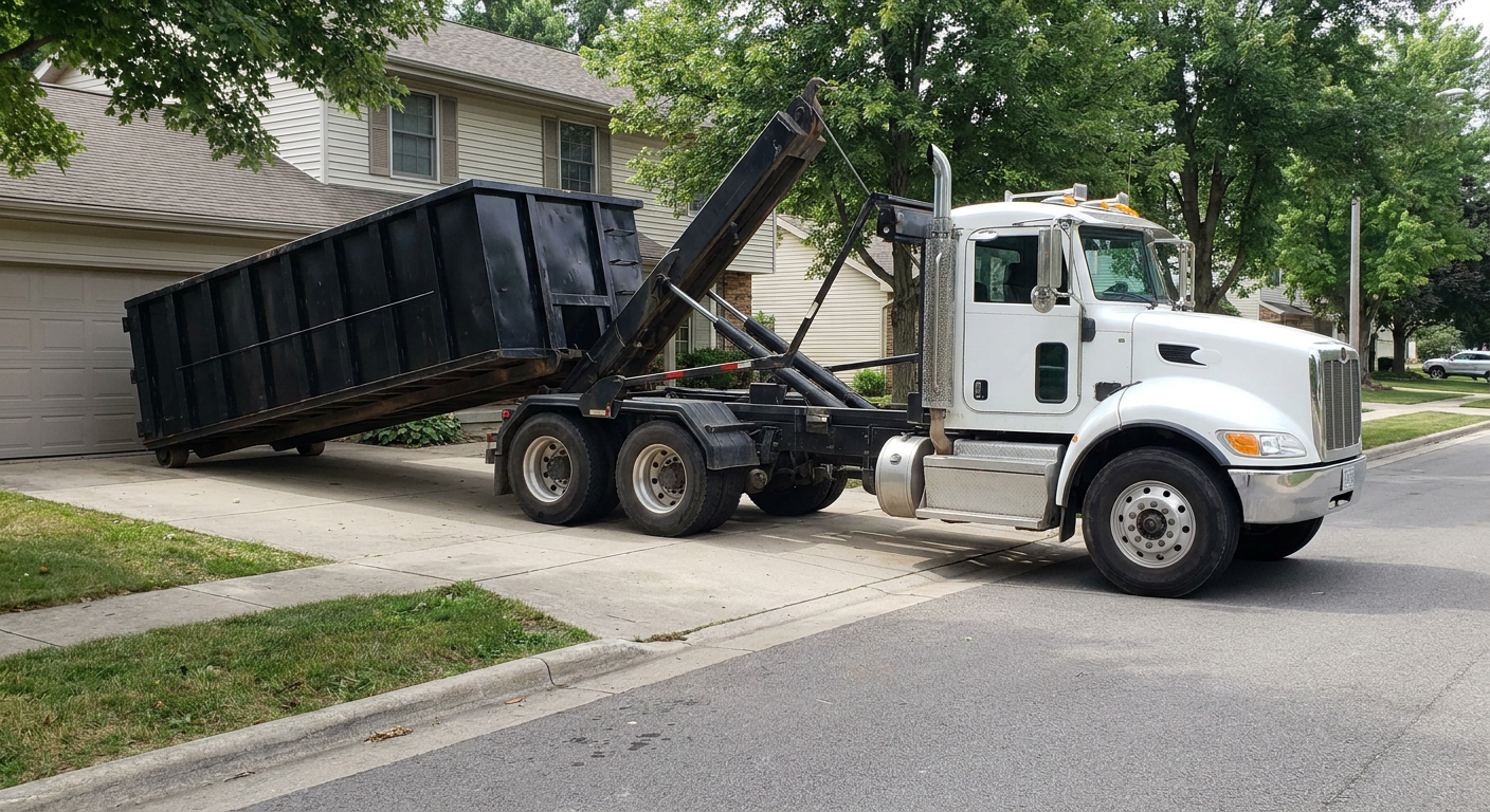 White-cab hooklift roll-off truck actively lowering a matte-black dumpster onto a Bolingbrook residential concrete driveway, the dumpster's rear wheels touching the driveway as the hoist arm tilts the bed forward, mid-morning daylight.