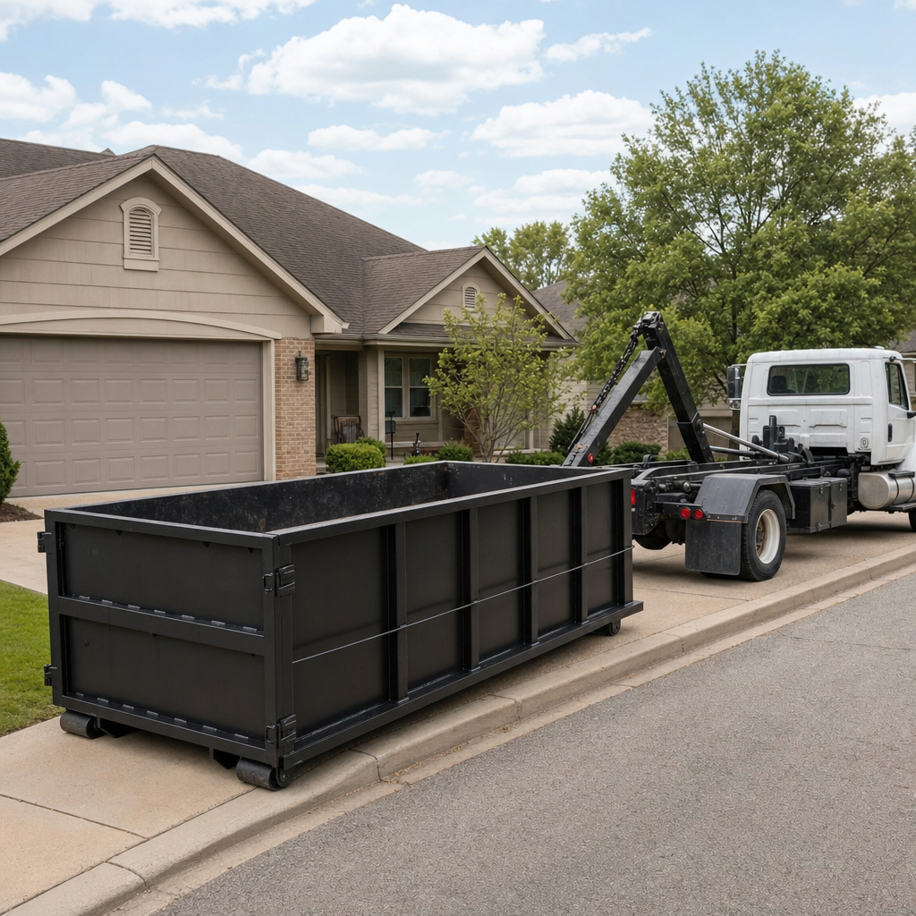 Wide documentary shot of a matte-black roll-off dumpster on a Bolingbrook residential driveway in the foreground and a contractor jobsite container in the soft-focus background, bright daylight, calm and orderly composition.